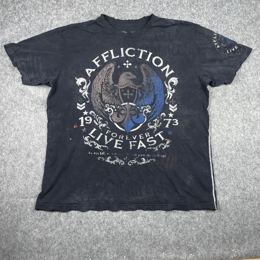 Affliction T-Shirt Mens 2XL Black Thin Live Fast Eagle Crest Distressed